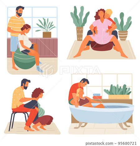 Birth positions for pregnant woman, young man support female during birth pains, help methods 95680721