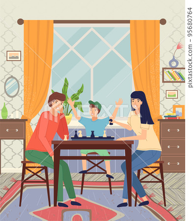 Family spend leisure time together at home, people playing chess, happy smiling, mother, father, son Family spend leisure time together at home, people playing chess, happy smiling, mother, father, son 95680764