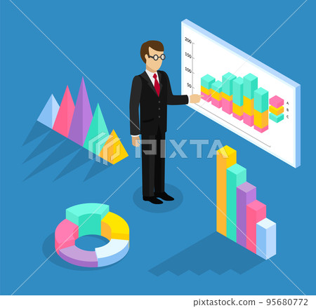 Office worker businessman wearing glasses in costume standing near board with visual presentation Office worker businessman wearing glasses in costume standing near board with visual presentation 95680772