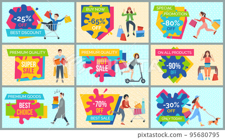 Set of illustrations on the theme of sales and qualitative clothes. People shopping and buying goods 95680795