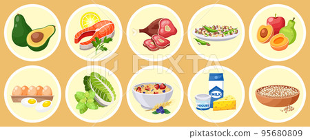 Food collection isolated in circles, healthy meal with vitamins and nutrition, diet food, menu 95680809