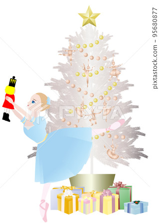 胡桃夾子、克拉拉和白色聖誕樹_蔓藤花紋 95680877