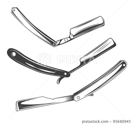 Straight razor set. Shaver tool with dangerous blade. Vintage flat shaving razor icon for hygiene Straight razor set. Shaver tool with dangerous blade. Vintage flat shaving razor icon for hygiene 95680945