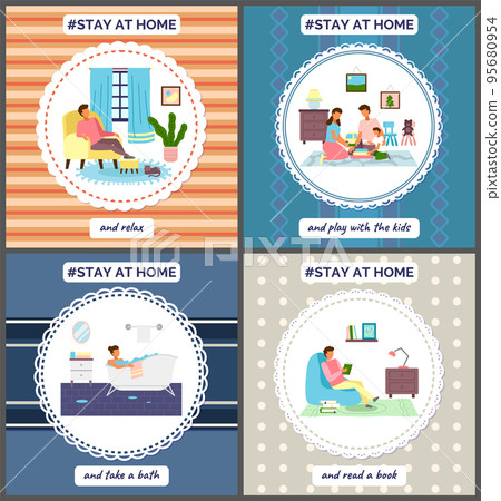 Self isolation, stay at home concept, people sitting at their apartment and doing household chores 95680954