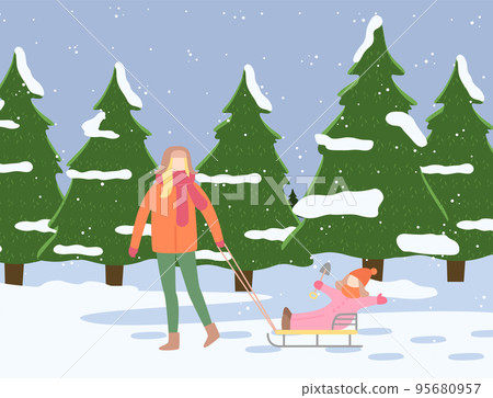 Mother and a small kid on a winter walk. Woman sledding a child. Family walking together outdoor 95680957