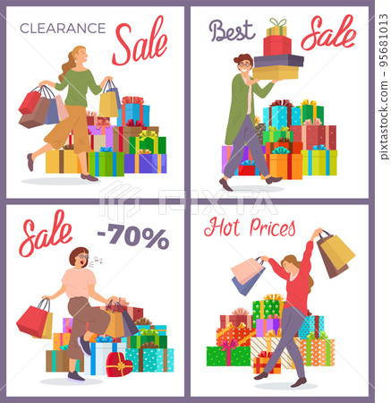 Set of illustrations on the theme of holiday sale and hot prices. People buy gifts for the holiday Set of illustrations on the theme of holiday sale and hot prices. People buy gifts for the holiday 95681013