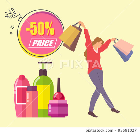 Discount announcement. Large set of cosmetics. Girl picks up packages and crosses her legs Discount announcement. Large set of cosmetics. Girl picks up packages and crosses her legs 95681027