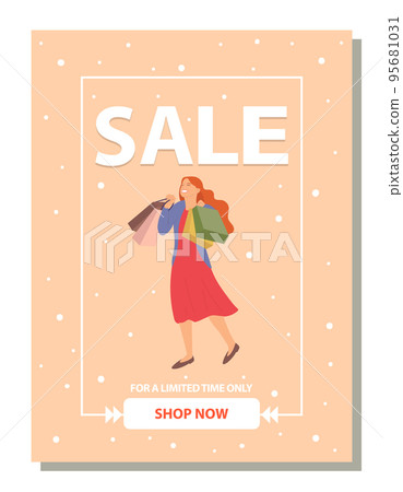 Limited-time store sale announcement. Young girl picks up packages and rejoices on postcard cover 95681031
