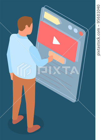 Video player on the tablet near man. Mobile device for watching digital information video Video player on the tablet near man. Mobile device for watching digital information video 95681040