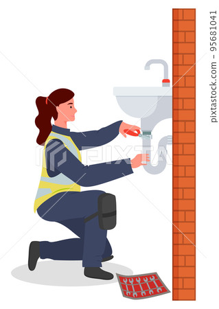 Woman repairing sink. Female plumber young character wearing in uniform with tools in hand 95681041