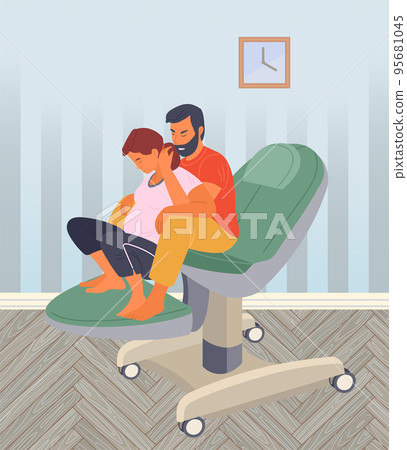 Pregnancy preparing, wife and husband make a position check on a medical chair in hospital Pregnancy preparing, wife and husband make a position check on a medical chair in hospital 95681045