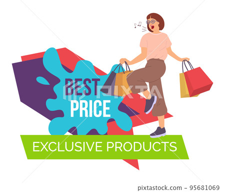 Young girl is singing with packages i her hands. Announcement of the sale of exclusive products 95681069