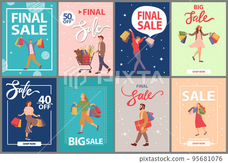 Set of postcards with people during the sale on the cover. Buyers are prepairing for the holiday Set of postcards with people during the sale on the cover. Buyers are prepairing for the holiday 95681076