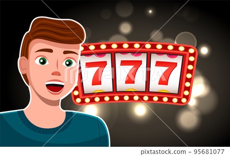 Man winning jackpot at slot machine. Colorful cartoon surprised character vector illustration Man winning jackpot at slot machine. Colorful cartoon surprised character vector illustration 95681077