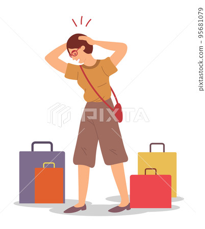The girl stands and looks in amazement at the bags with purchases. Young fashion girl near packages 95681079