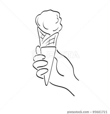 line art closeup hand holding cone  ice cream illustration vector hand drawn isolated on white background 95681721