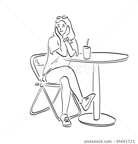 line art woman sitting at coffee shop with takeaway coffee illustration vector hand drawn isolated on white background 95681723