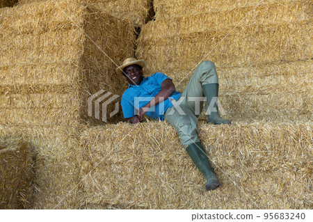 Afro american farmer resting on hayloft Afro american farmer resting on hayloft 95683240