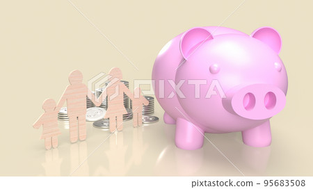 pink piggy bank and family wood cut 3d rendering 95683508