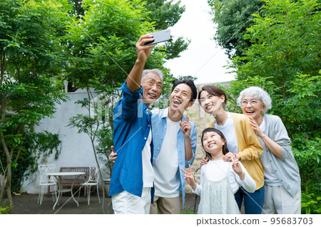 Three generation family taking selfie with smartphone Three generation family taking selfie with smartphone 95683703