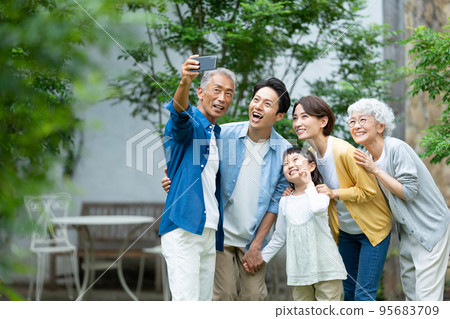 Three generation family taking selfie with smartphone 95683709