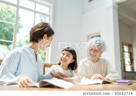 Three-generation family, children, studying 95683714