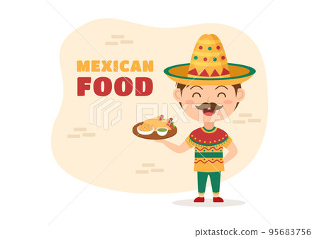 Mexican Food Restaurant with Various of Delicious Traditional Cuisine Tacos, Nachos and Other on Flat Cartoon Hand Drawn Templates Illustration 95683756