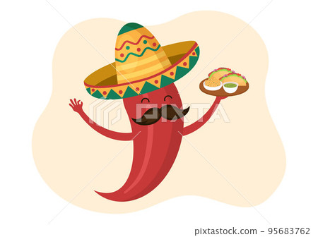 Mexican Food Restaurant with Various of Delicious Traditional Cuisine Tacos, Nachos and Other on Flat Cartoon Hand Drawn Templates Illustration 95683762