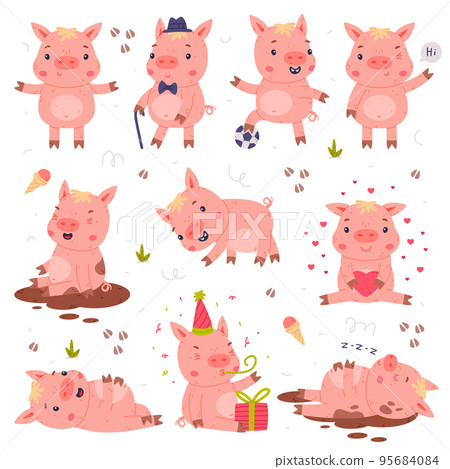 Funny Pink Pig Character Engaged in Different Activity Vector Set Funny Pink Pig Character Engaged in Different Activity Vector Set 95684084