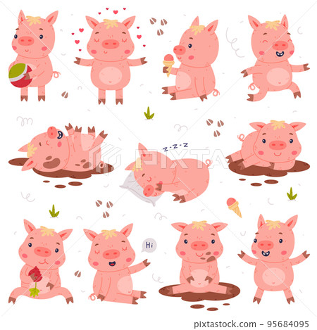 Funny Pink Pig Character Engaged in Different Activity Vector Set Funny Pink Pig Character Engaged in Different Activity Vector Set 95684095
