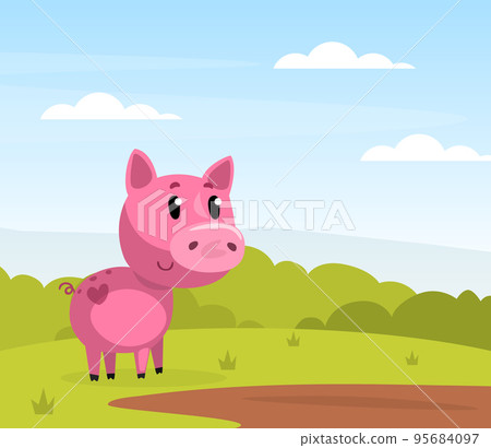 Funny Pink Pig Character Grazing on Green Meadow or Pasture on the Farm Vector Illustration Funny Pink Pig Character Grazing on Green Meadow or Pasture on the Farm Vector Illustration 95684097