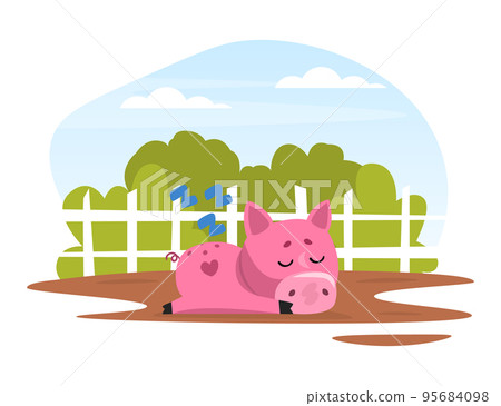 Funny Pink Pig Character Lying in Mud Puddle on Barnyard Vector Illustration Funny Pink Pig Character Lying in Mud Puddle on Barnyard Vector Illustration 95684098