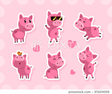 Funny Pink Pig Cartoon Character Stickers with Love Heart Vector Set Funny Pink Pig Cartoon Character Stickers with Love Heart Vector Set 95684099