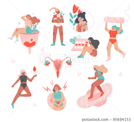 Period or Menstruation with Female and Menstrual Hygiene Accessory Vector Set Period or Menstruation with Female and Menstrual Hygiene Accessory Vector Set 95684153