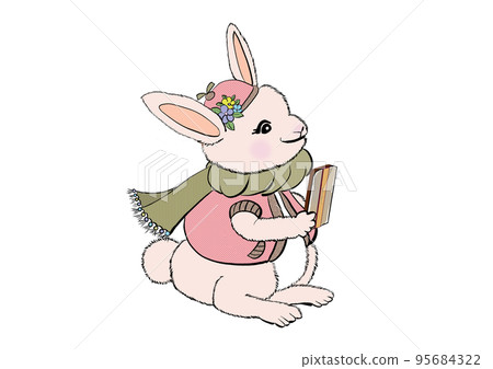 Color illustration of a rabbit in clothes looking at a mobile phone 95684322