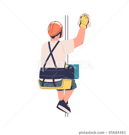 Man Working at Height Wiping Window Suspended on Rope and Hanging with Harness Engaged in Industrial Climbing Vector Illustration 95684361