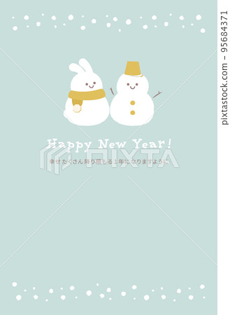 Cute natural vertical New Year's card with smiling rabbit and snowman characters Cute natural vertical New Year's card with smiling rabbit and snowman characters 95684371