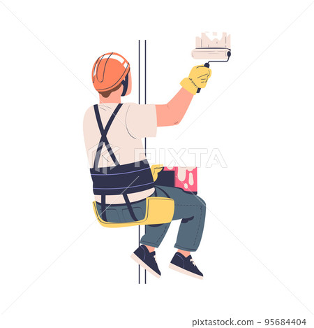 Man Working at Height with Paint Roller Suspended on Rope and Hanging with Harness Engaged in Industrial Climbing Vector Illustration Man Working at Height with Paint Roller Suspended on Rope and Hanging with Harness Engaged in Industrial Climbing Vector Illustration 95684404