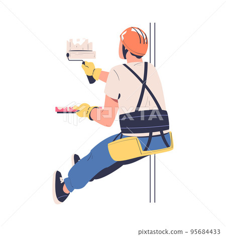Man Working at Height with Paint Roller Suspended on Rope and Hanging with Harness Engaged in Industrial Climbing Vector Illustration 95684433