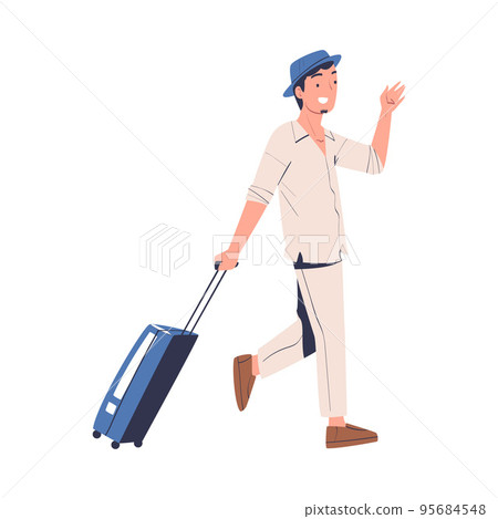 Walking Man Character in Hat with Suitcase Going on Summer Vacation Having Journey Vector Illustration Walking Man Character in Hat with Suitcase Going on Summer Vacation Having Journey Vector Illustration 95684548