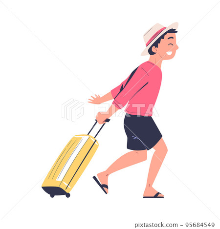 Teen Boy in Hat with Suitcase Going on Summer Vacation Having Journey Vector Illustration 95684549