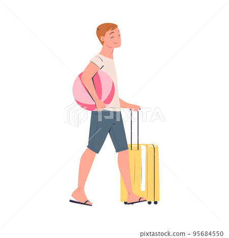 Walking Man Character with Suitcase and Ball Going on Summer Vacation Having Journey Vector Illustration 95684550