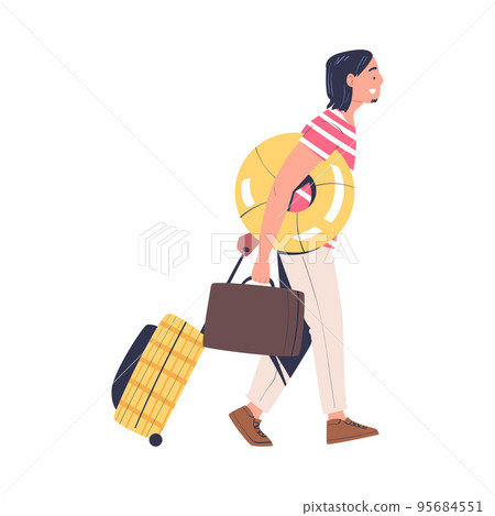 Man Character with Suitcase, Trunk and Rubber Ring Walking Going on Summer Vacation Having Journey Vector Illustration Man Character with Suitcase, Trunk and Rubber Ring Walking Going on Summer Vacation Having Journey Vector Illustration 95684551