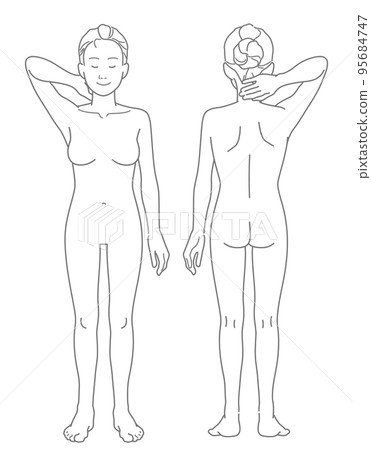 舉起右手的裸體女人的全身圖（正面和背面） 95684747