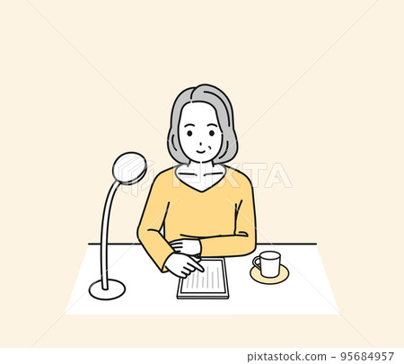 Illustration of a middle-aged woman reading an e-book on a tablet 95684957