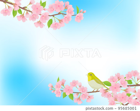 Leaf cherry blossoms and white-eye_frame background Leaf cherry blossoms and white-eye_frame background 95685001
