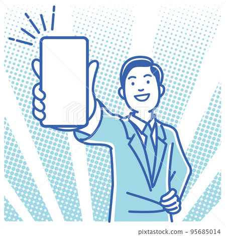 A young man in a suit holding a smartphone and explaining 95685014