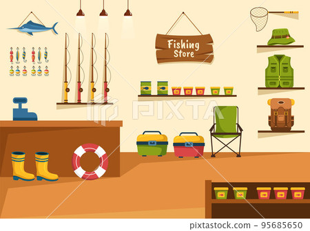 Fishing Shop Selling Various Fishery Equipment, Bait, Fish Catching Accessories or Items on Flat Cartoon Hand Drawn Templates Illustration Fishing Shop Selling Various Fishery Equipment, Bait, Fish Catching Accessories or Items on Flat Cartoon Hand Drawn Templates Illustration 95685650