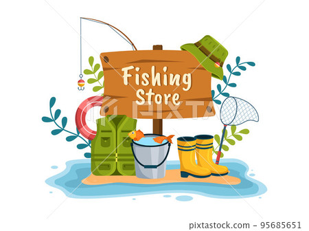 Fishing Shop Selling Various Fishery Equipment, Bait, Fish Catching Accessories or Items on Flat Cartoon Hand Drawn Templates Illustration 95685651