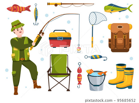 Fishing Shop Selling Various Fishery Equipment, Bait, Fish Catching Accessories or Items on Flat Cartoon Hand Drawn Templates Illustration 95685652